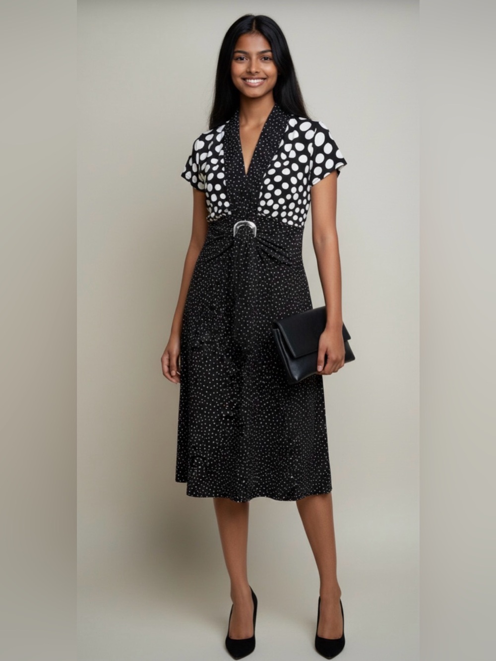 Frank Lyman Black & White Mixed Print Polka Dot Dress Size 10